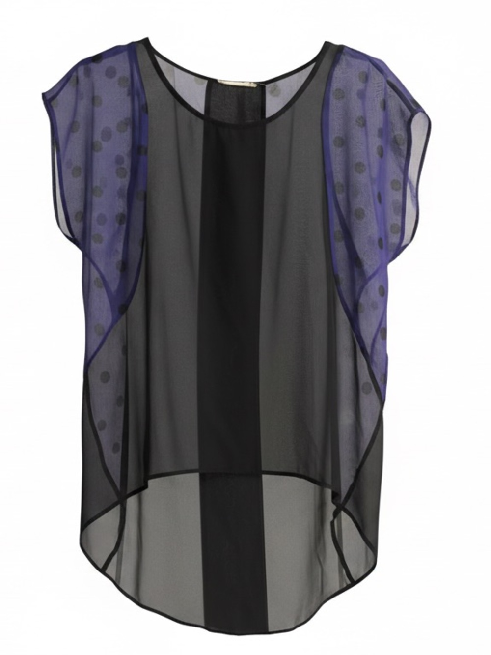 Lush Black Sheer Blouse with Purple Polka-Dot Sleeves